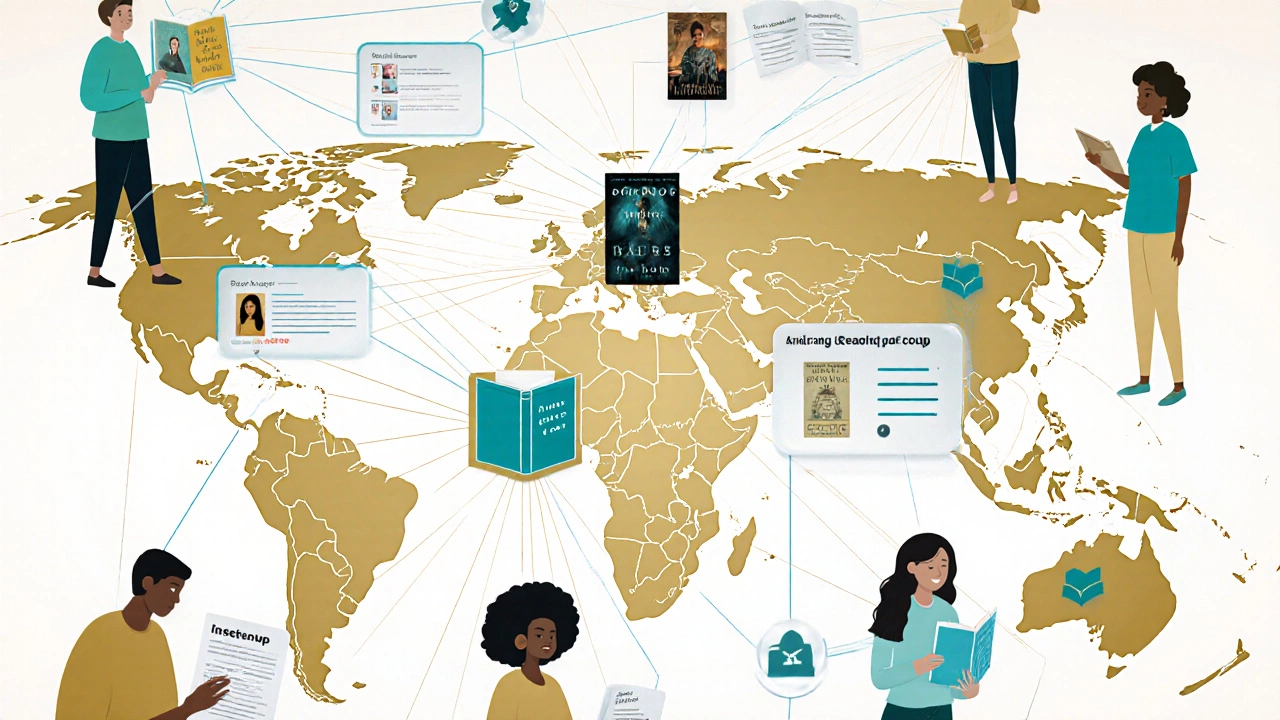 Diverse readers connected by digital threads across a globe, with book icons and subtle Goodreads ads.
