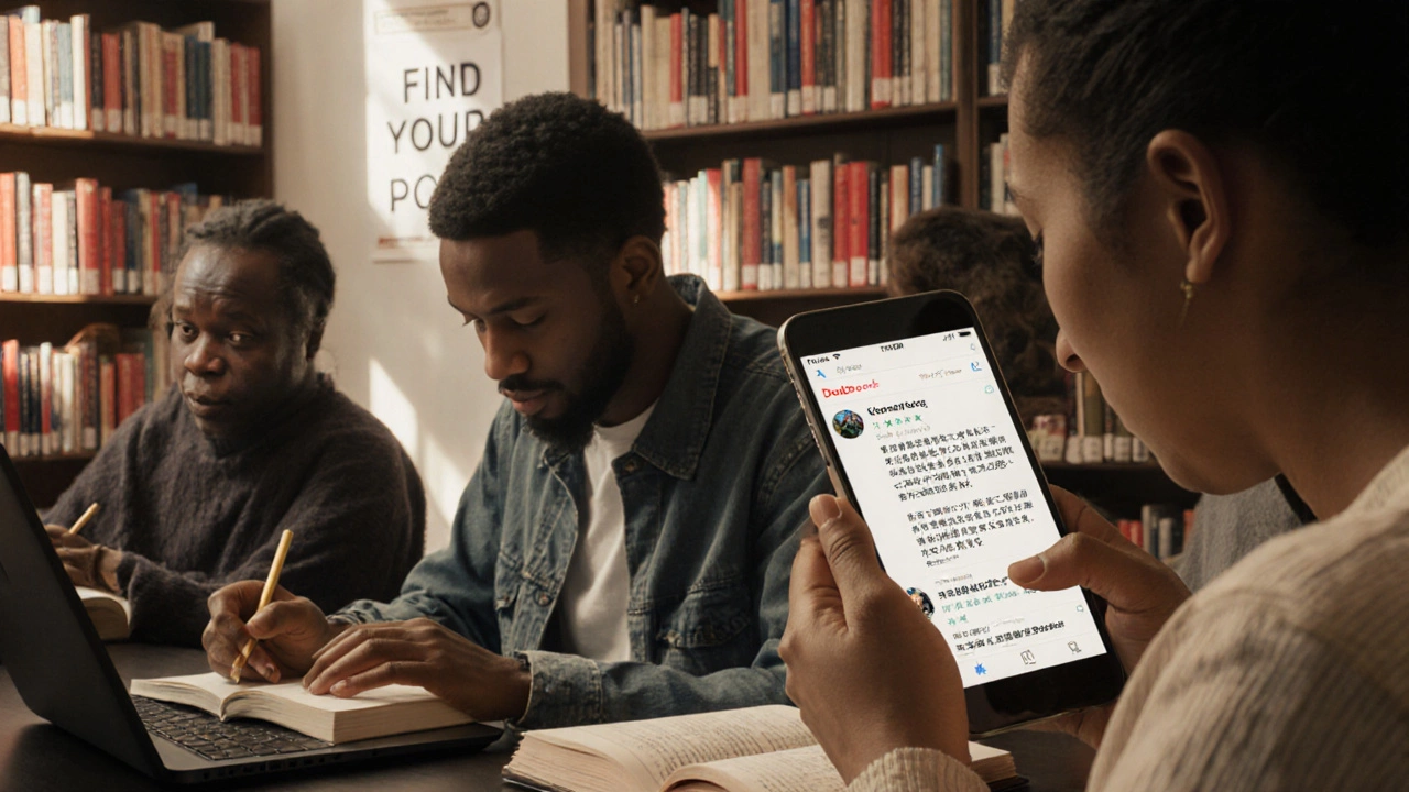 Diverse readers in a library engaging with book reviews on devices and in books.
