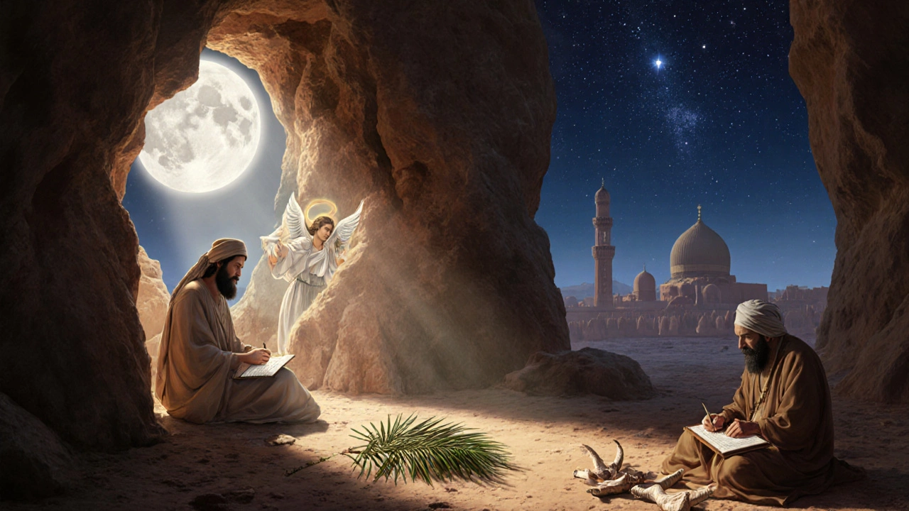 Prophet Muhammad receiving revelation in Cave of Hira under moonlight.