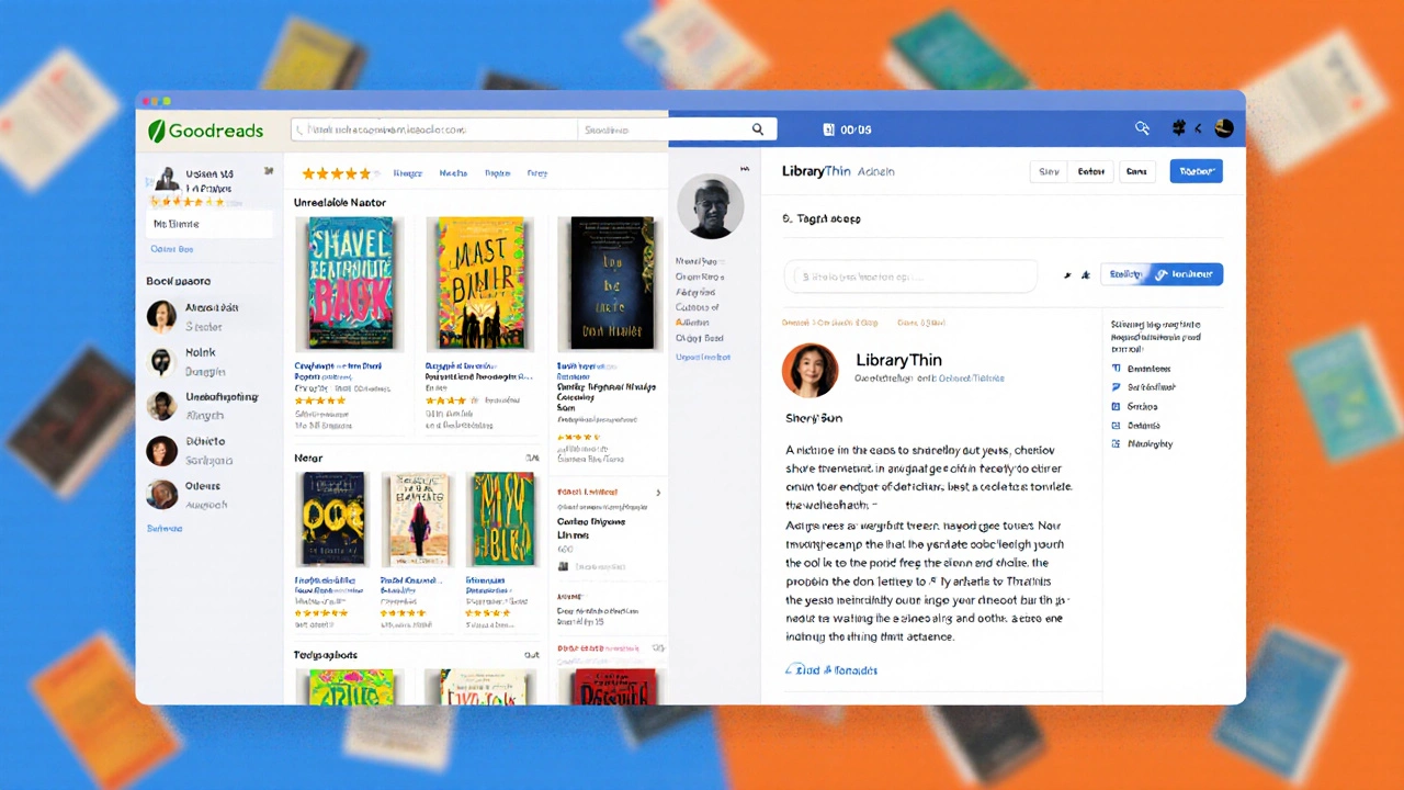 Split-screen comparison of Goodreads and LibraryThing review interfaces with book tags.