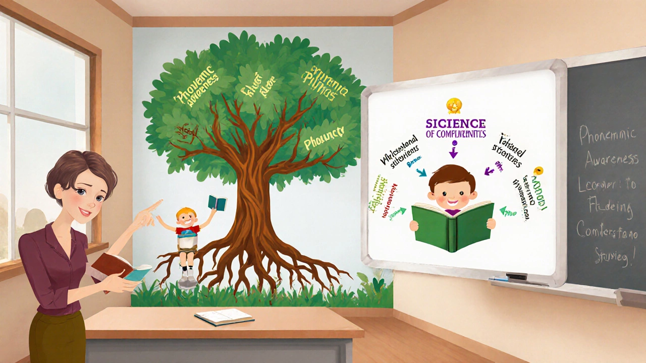 Teacher explaining the five pillars of reading science with a student reading confidently.