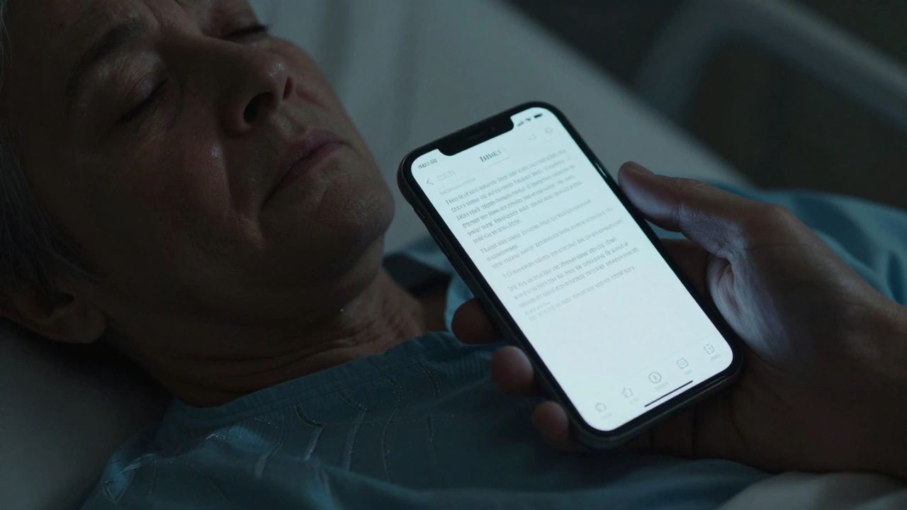 A glowing Bible app on a smartphone beside a sleeping patient in a hospital.