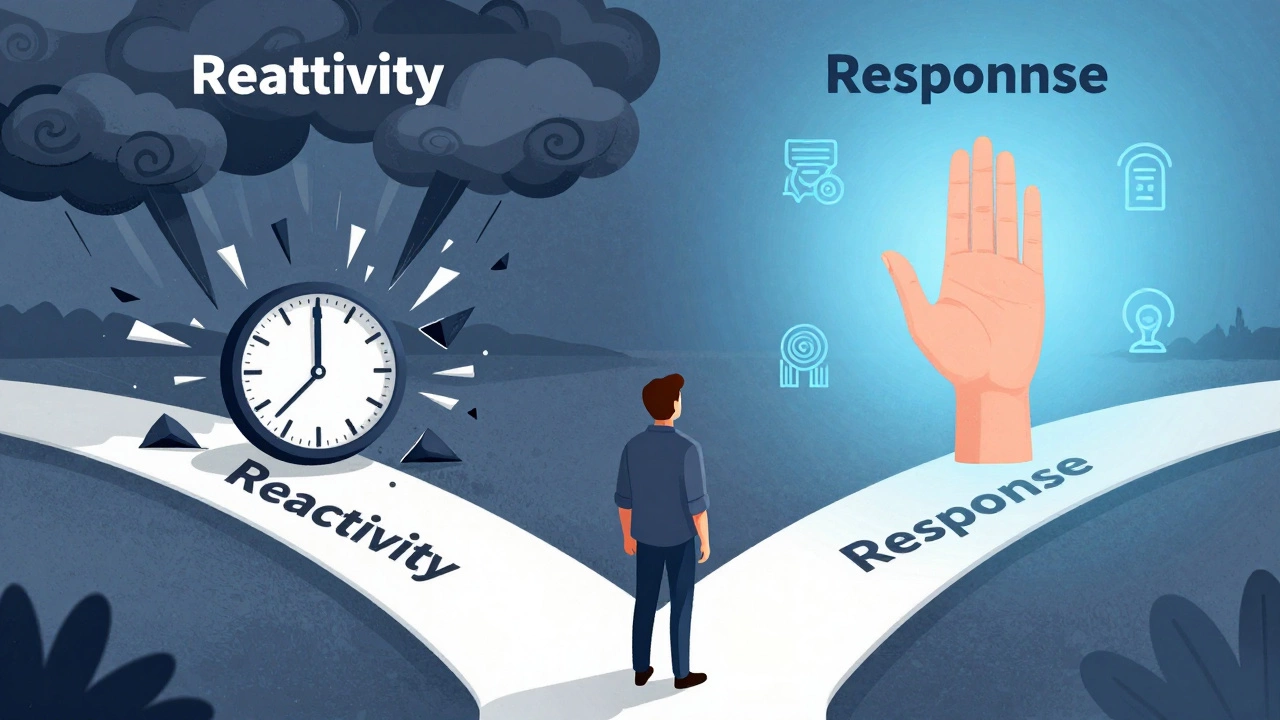 A person choosing a calm path over a chaotic one, with symbolic icons of personal growth glowing softly around them.