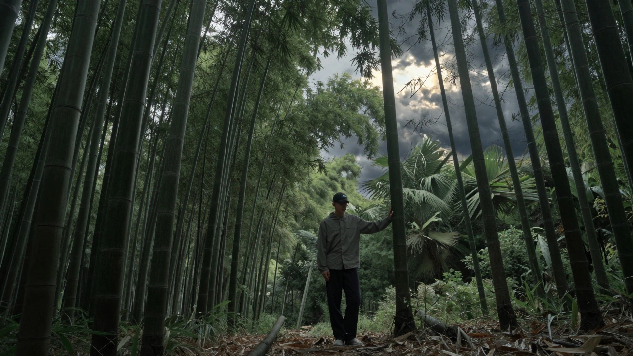 A person standing calmly amid bending bamboo trees in a storm, embodying quiet resilience.