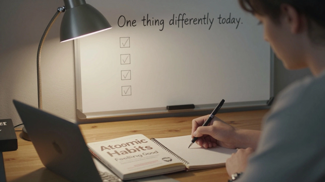 A person writing in a notebook beside two self-help books under a warm lamp, with a habit tracker on the wall.