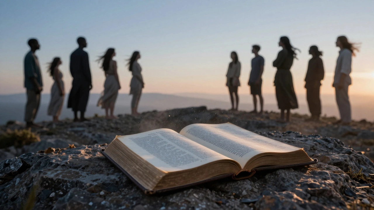 A weathered Bible on a hill at sunrise, with diverse silhouettes gazing toward it in quiet reverence.