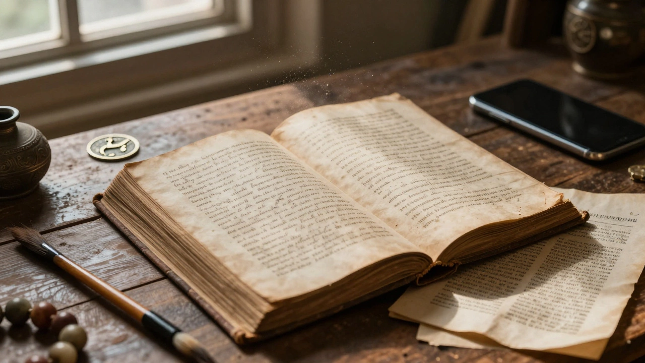 An ancient copy of Don Quixote lies open, surrounded by cultural artifacts from around the world.