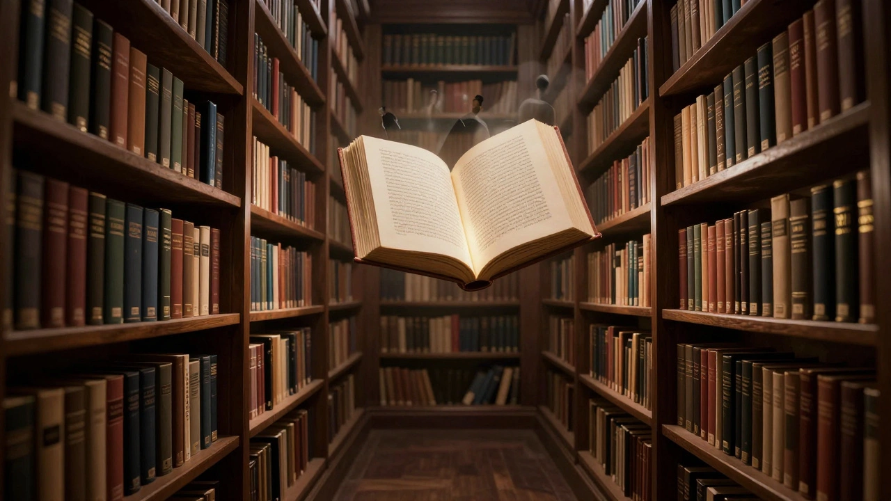 An infinite shelf of Christie books in all languages, with a glowing open book and mystery silhouettes.