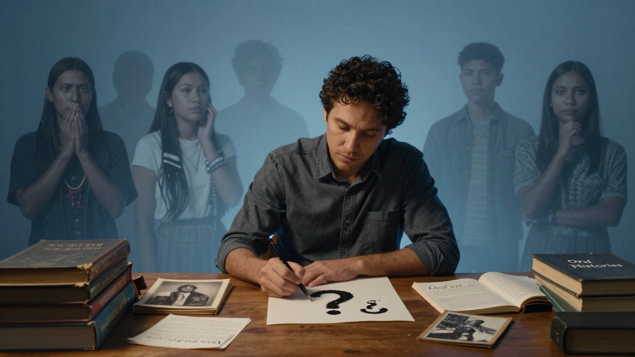 Author writing amid archives as translucent figures of the marginalized watch silently, ink forming question marks.