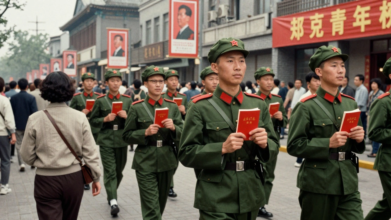 Citizens in 1970s Beijing carrying the Little Red Book on a busy street.
