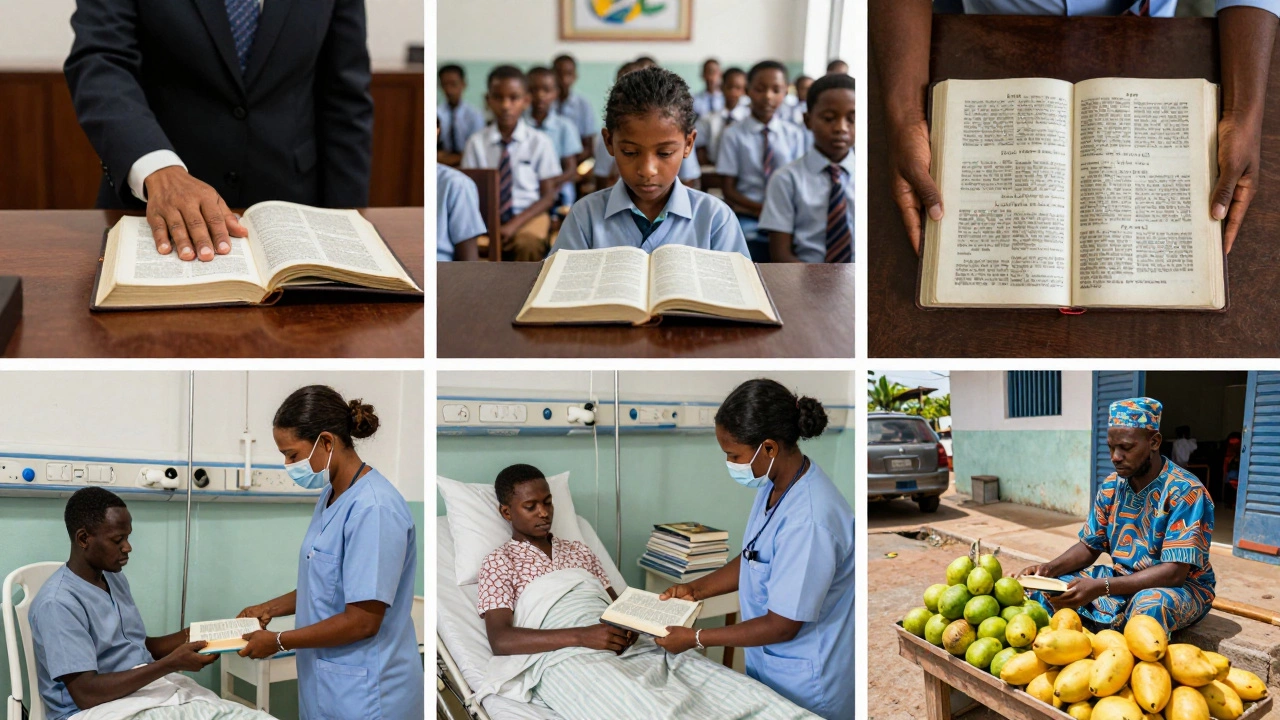 Global scenes featuring people interacting with a Bible in courtrooms, schools, hospitals, and markets.