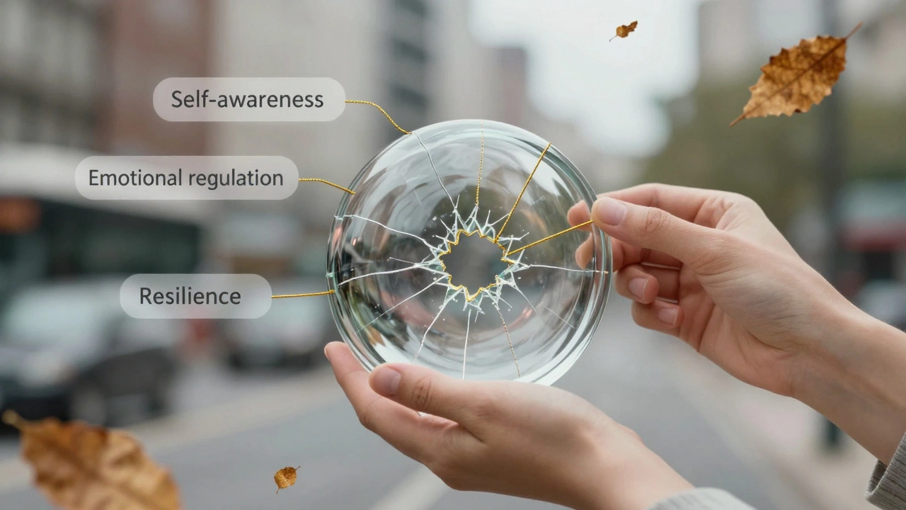 Hands repairing a fragile glass sculpture with golden thread, each piece representing a personal skill.