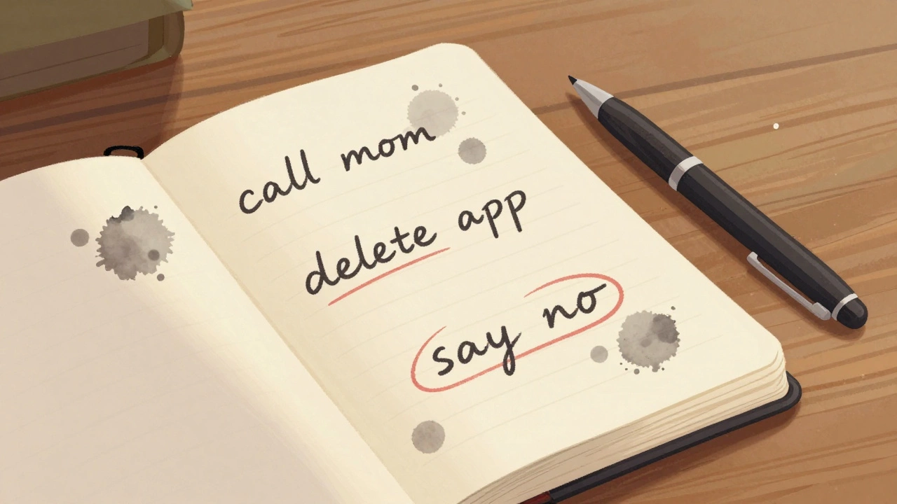 Handwritten notebook with circled thoughts and a pen beside it on a wooden table.