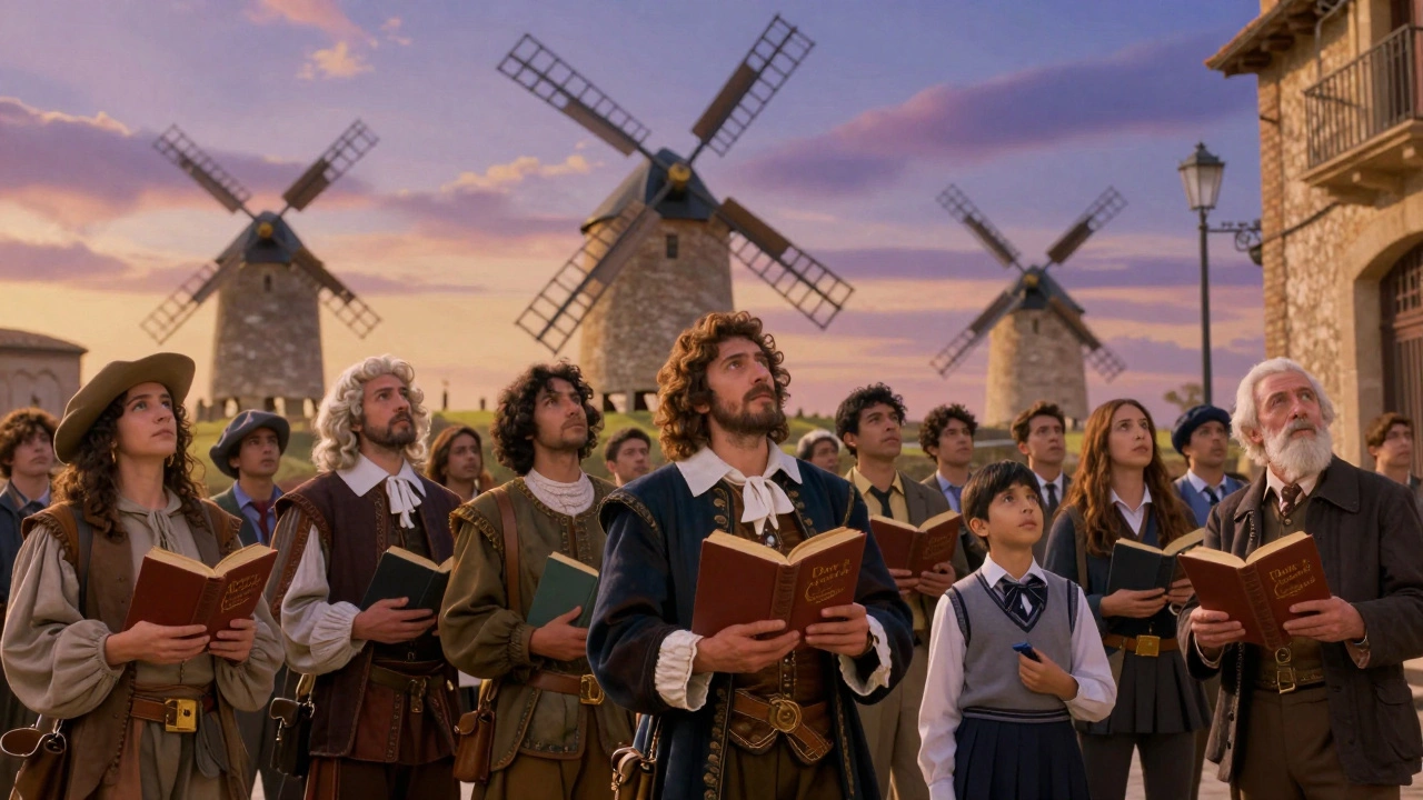 People from different eras and cultures hold Don Quixote books, gazing up at giant windmills in the sky.
