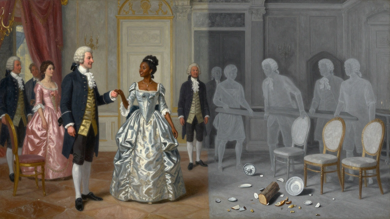 Split scene: romantic ballroom vs. ghostly reality of slavery, contrasting colors showing hidden suffering.