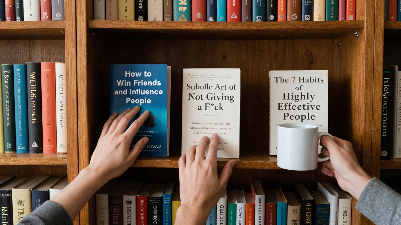 Three hands selecting self-help books from a modest library shelf, with a coffee mug nearby.