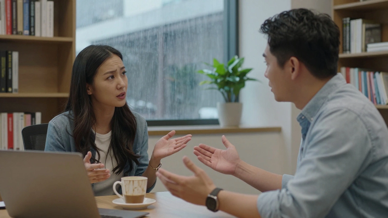 Two coworkers having an honest, thoughtful conversation in an office during rain.