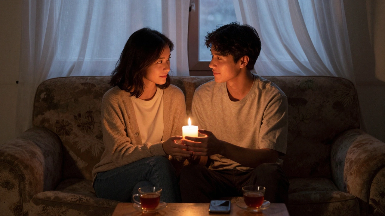Two people sitting together on a couch, sharing a quiet moment lit by a candle.