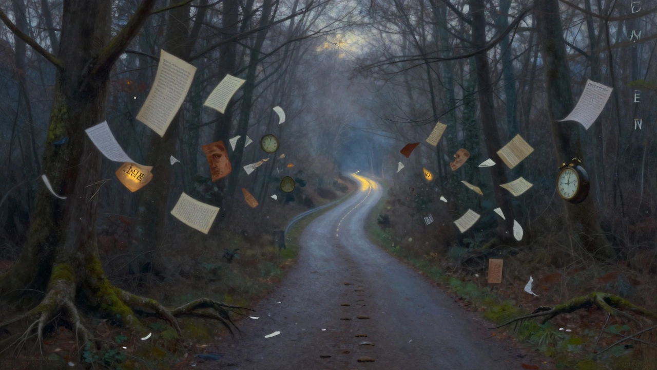 A winding forest trail at twilight, contrasting with a distant highway, surrounded by floating emotional fragments.