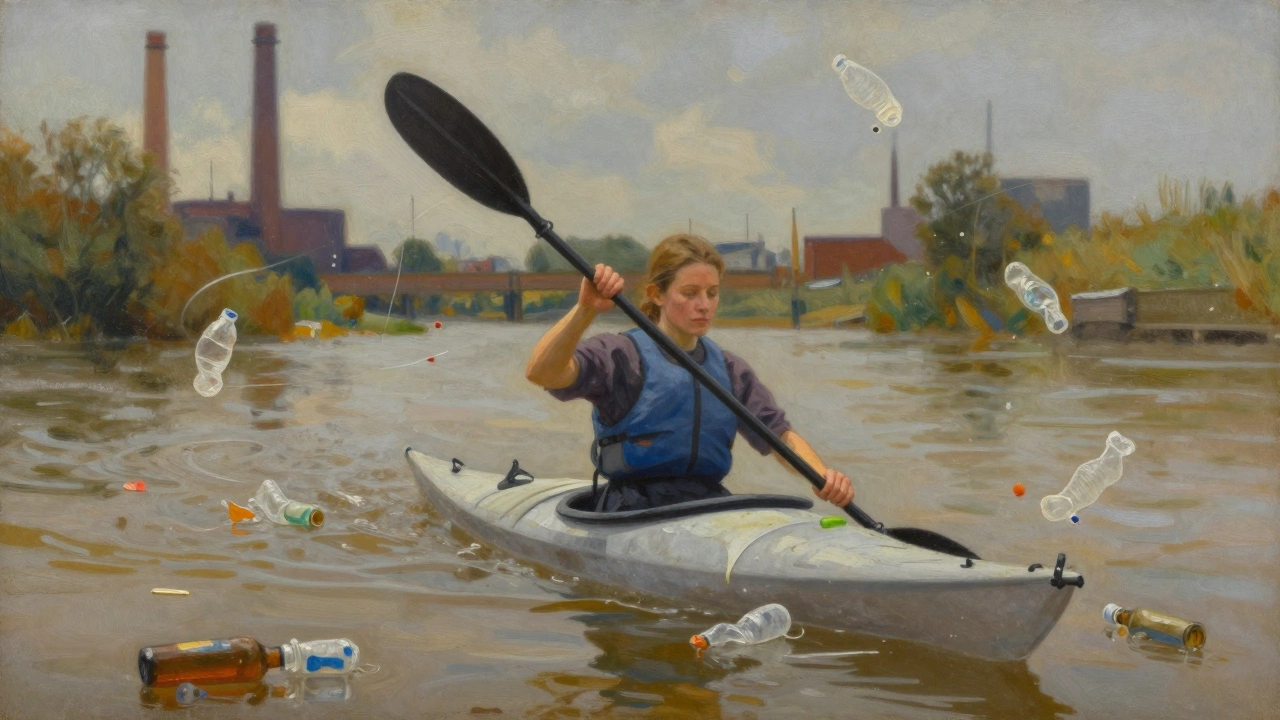 A woman paddles a kayak through a river choked with plastic waste under a gray sky.
