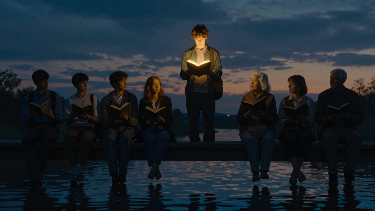A young person on a bridge at dusk, with readers of all ages reflected in the water below.