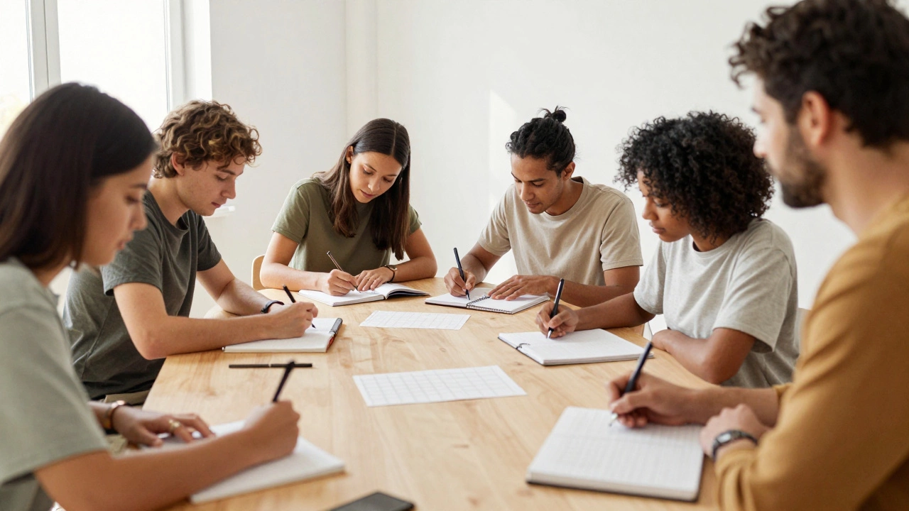 Group of people in a workshop writing in notebooks, engaging in real-world behavior change.