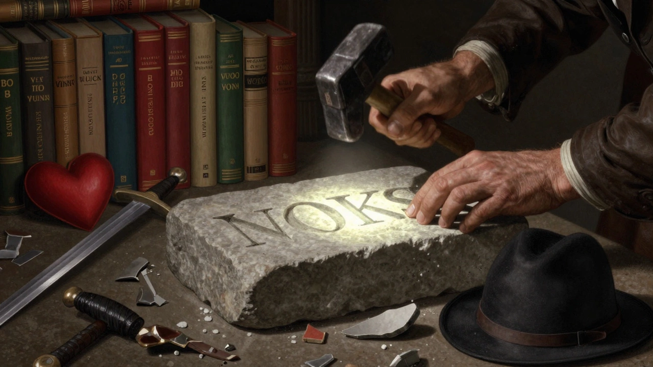 Hands carving words into glowing stone, surrounded by shattered genre fiction symbols, under dramatic light.