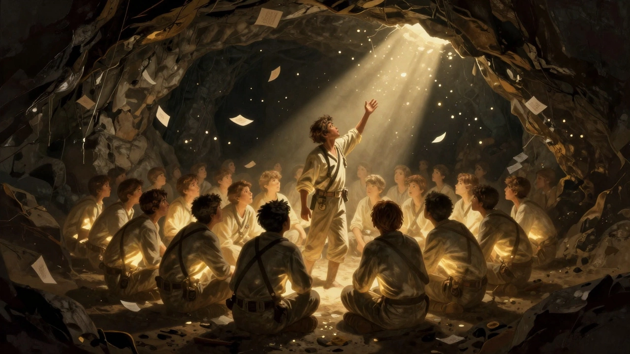 Miners in a dark cave glow with inner light as paper letters float toward a distant beam of sunlight.