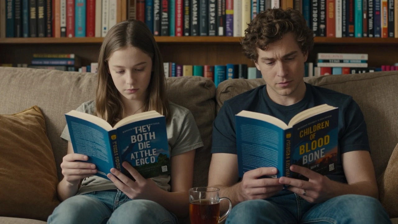 Parent and teen reading the same YA book together on a couch in soft lamplight.