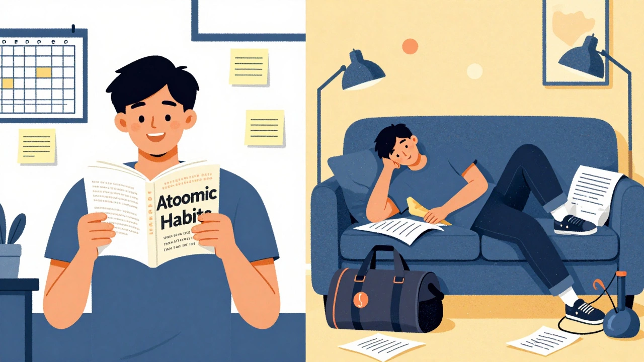 Split image: one side shows active habit tracking, the other shows neglect and discouragement.
