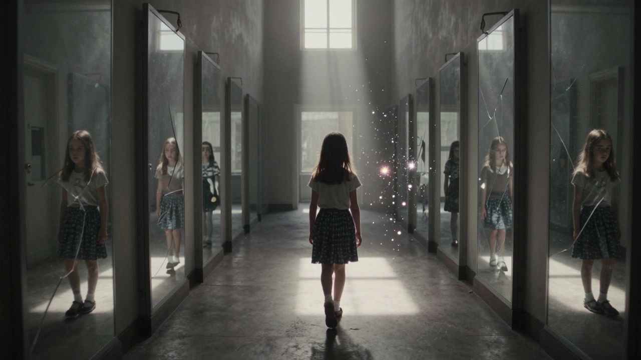 A girl walking down a corridor of shattered mirrors, each showing a different version of herself, with dawn light above.