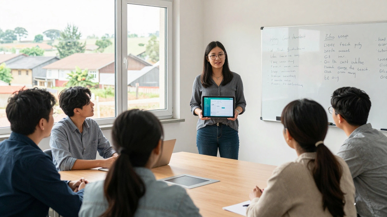 A healthcare worker presents a new system learned from a virtual webinar to colleagues.