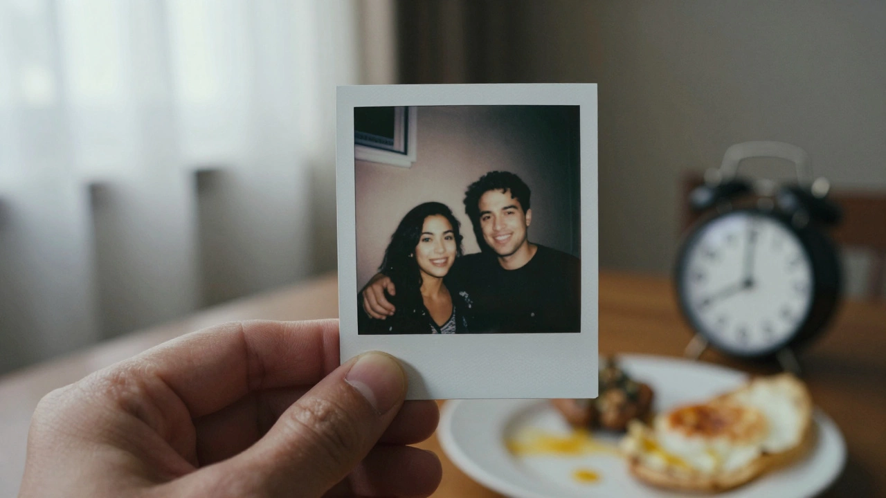 A Polaroid photo showing an impossible reflection, with a frozen clock and untouched meal nearby.