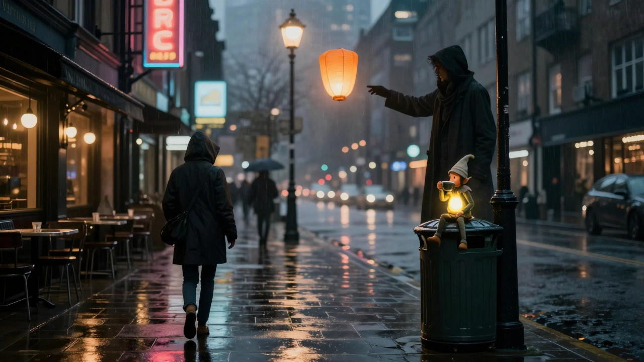 A rainy modern city street where a tiny house-elf sits unnoticed on a trash bin, while a lantern floats above, invisible to passersby.
