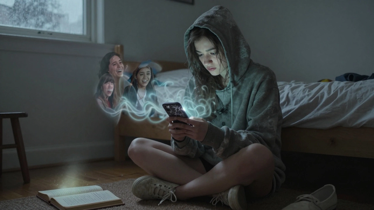 A young woman holds a glowing phone case, surrounded by floating, translucent memories from strangers' lives.