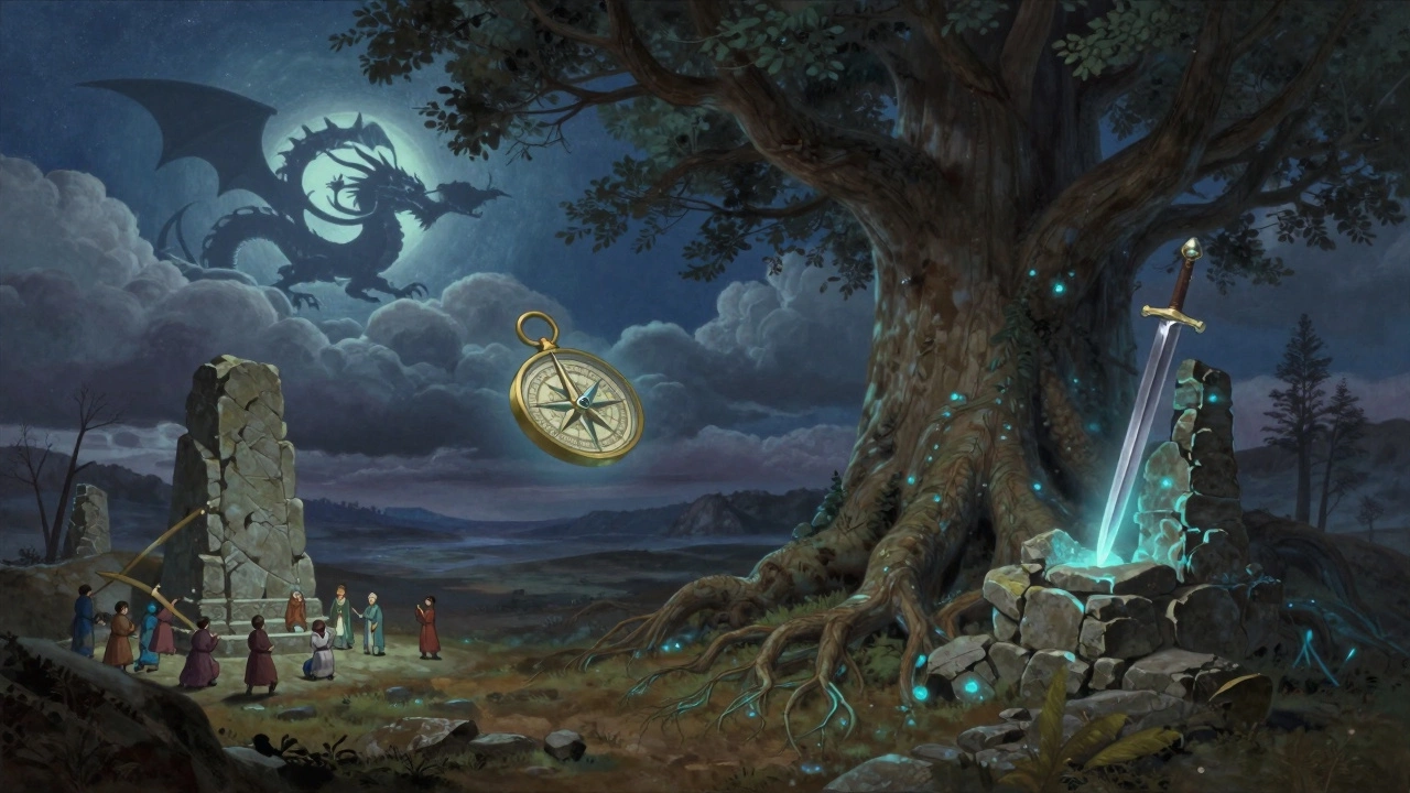 An ancient tree with glowing roots holds a magical compass, pointing to a sword in stone under a dragon-shaped sky, villagers performing rituals below.
