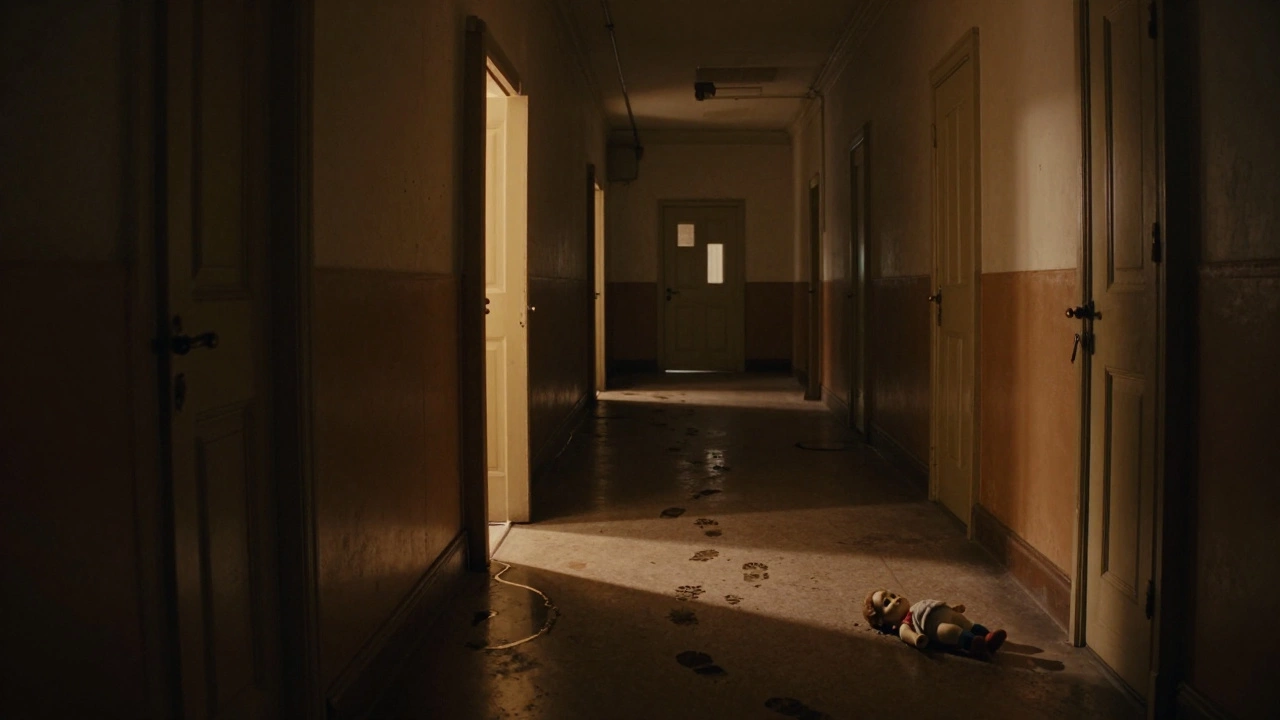 An eerie asylum hallway with open doors, wet footprints, and a broken doll on the floor.
