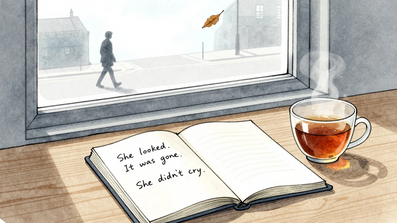 An open journal with simple, poignant text sits on a desk beside tea, as a shadowless figure walks away in a quiet town.