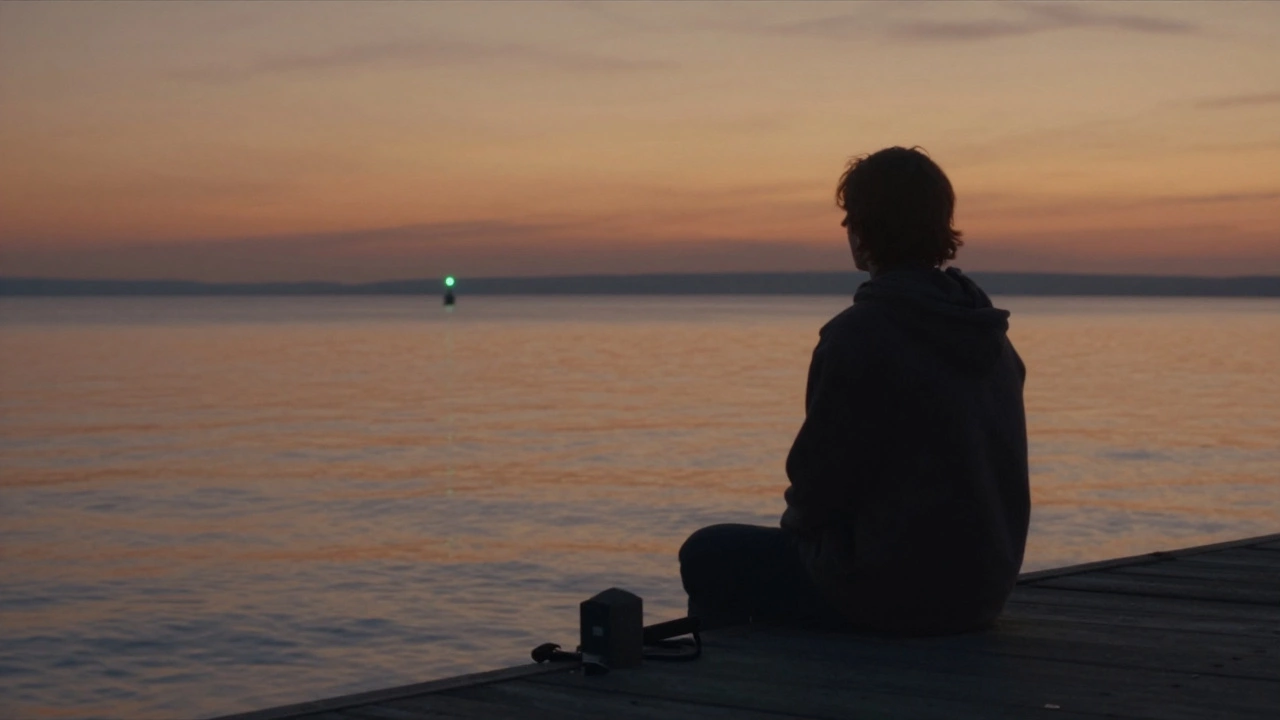 Figure on dock gazing at distant green light at twilight, symbolizing The Great Gatsby's American Dream