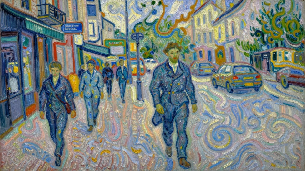 Man walking through city with swirling abstract thoughts symbolizing stream-of-consciousness prose