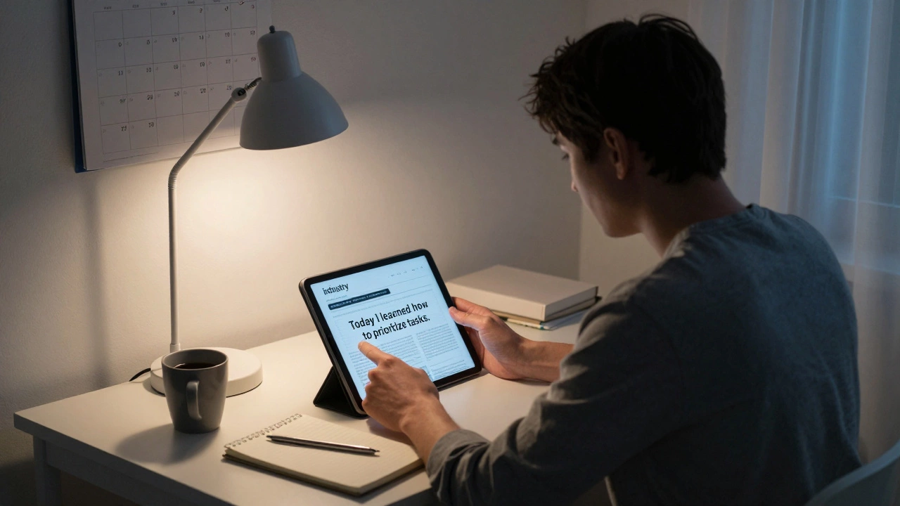 Someone reads and writes in a journal late at night, building knowledge one day at a time.