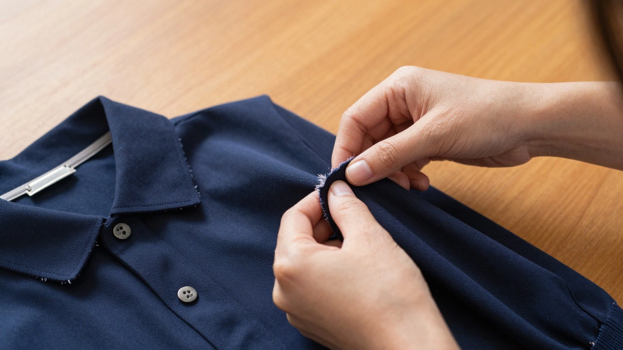 A mother’s hands meticulously fold a school uniform, a single collar pin resting untouched beside it in quiet Indian domestic space.