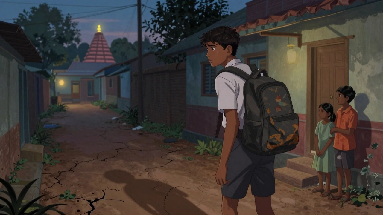 A teenage boy sneaks out at dusk from his family’s home, torn between duty and desire, shadows stretching behind him.
