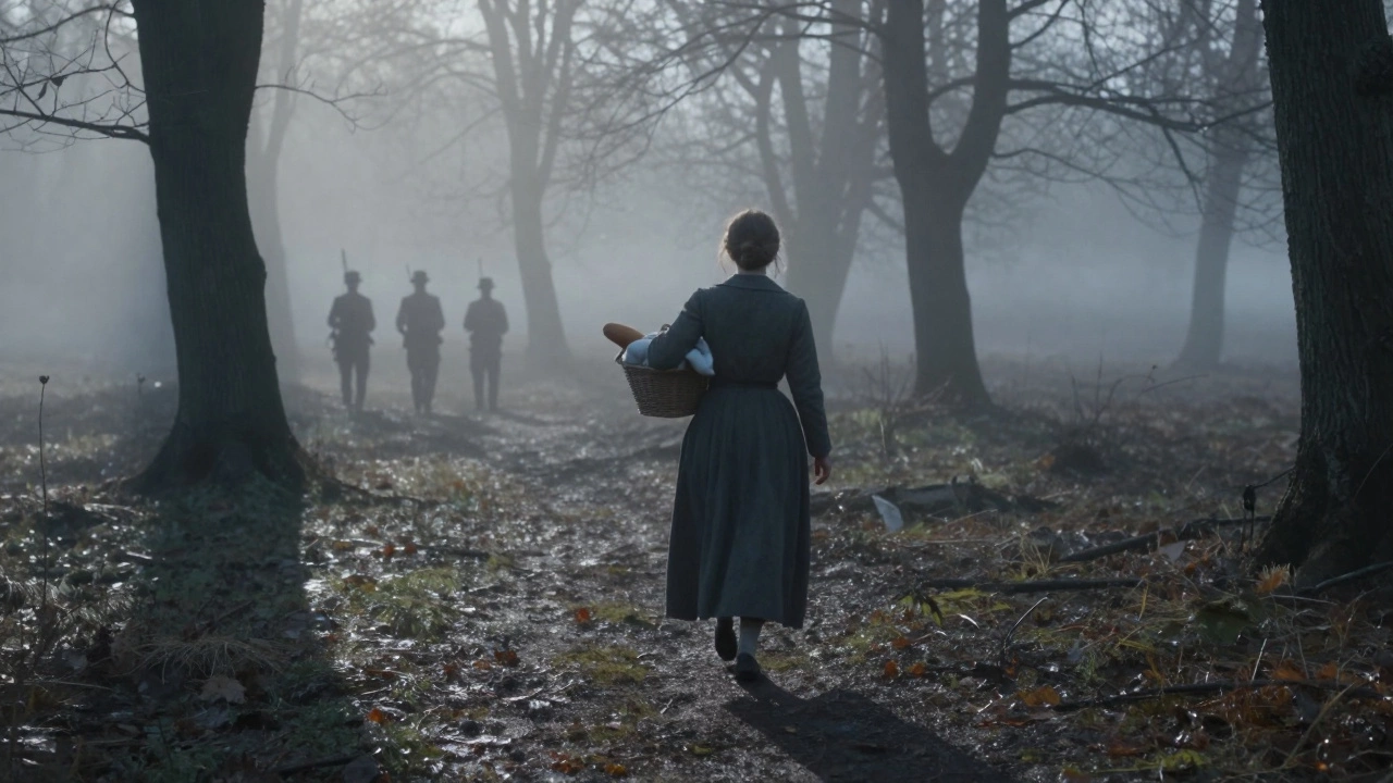 A woman carrying supplies through a foggy forest at dawn, German patrols faintly audible in the distance, 1940s France.