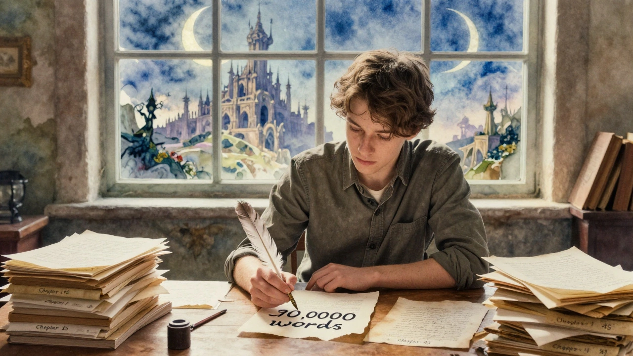 A writer at a desk surrounded by handwritten pages, with a magical kingdom visible through a window.