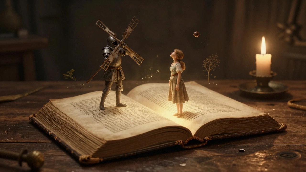 An ancient book glows with floating scenes of Don Quixote's adventures, illuminated by golden light.