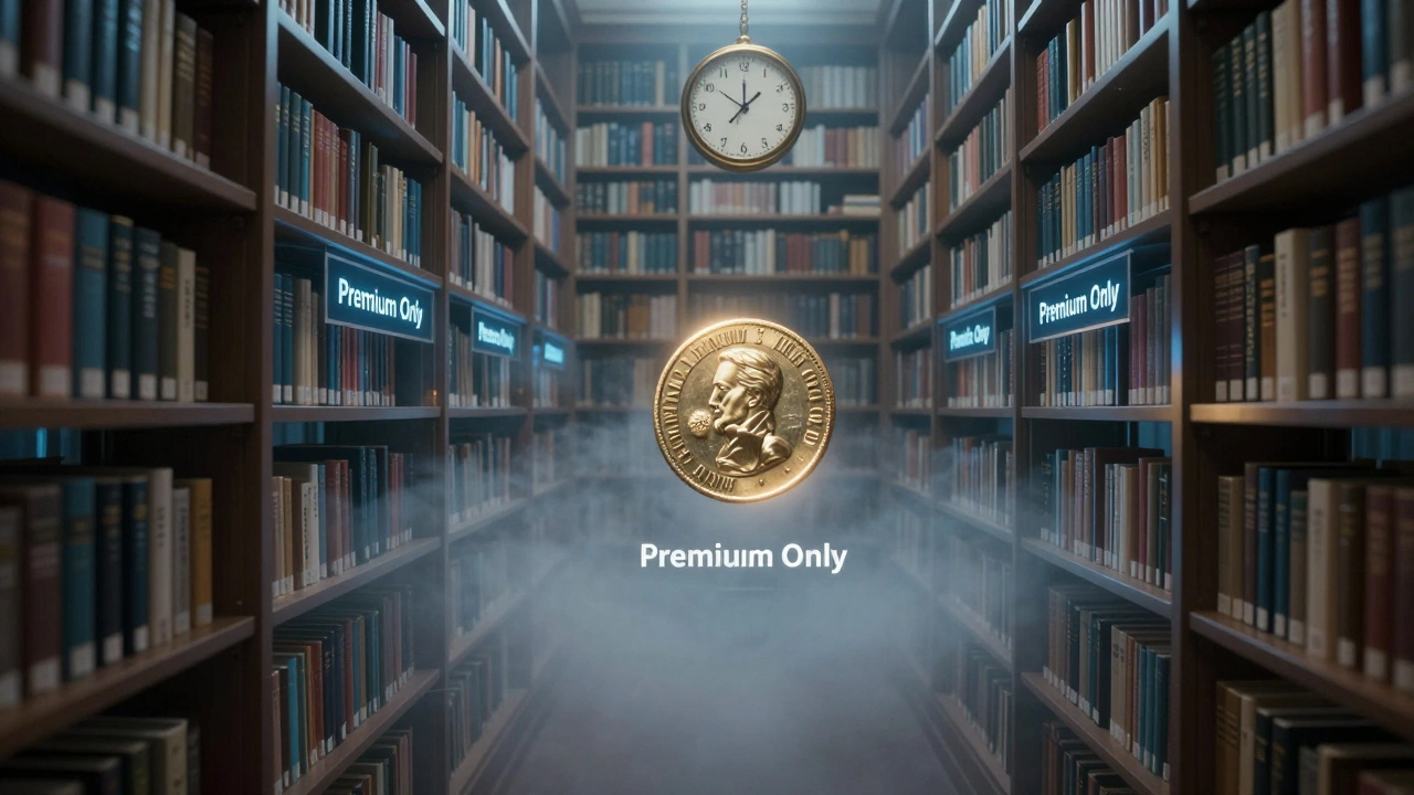 An infinite library where only 10 books are accessible to free users, others hidden behind glass.