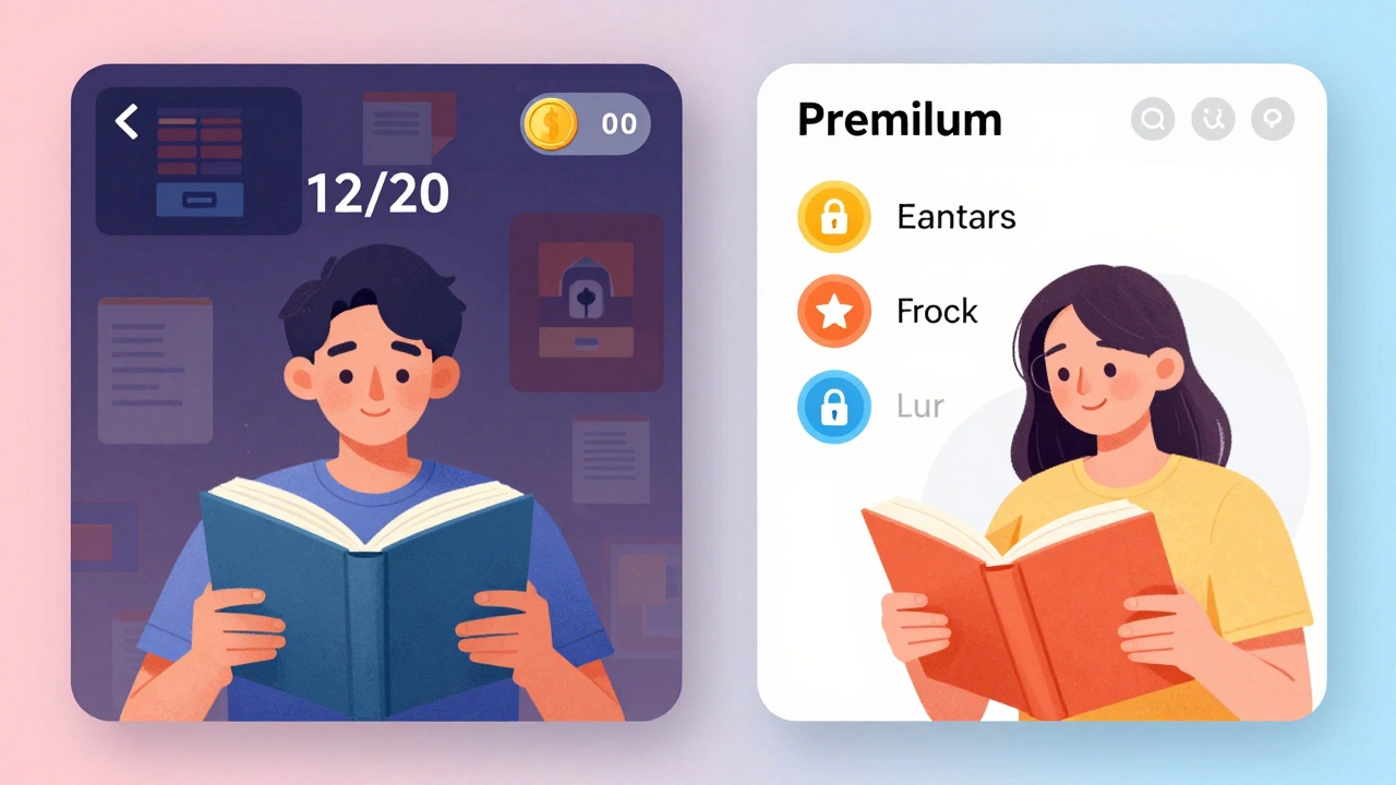 Comparison of free and premium GoodNovel reading experiences with ads and locked chapters vs. clean interface.