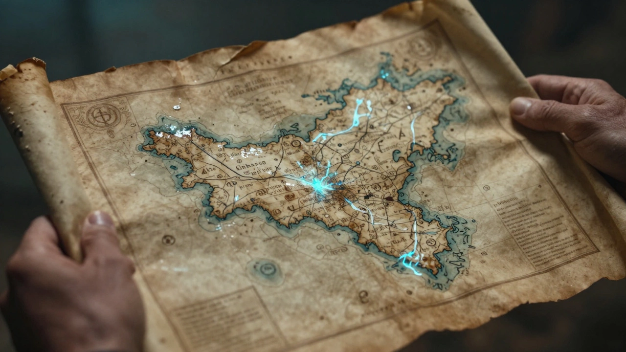 Hands holding glowing magical map with fresh ink.