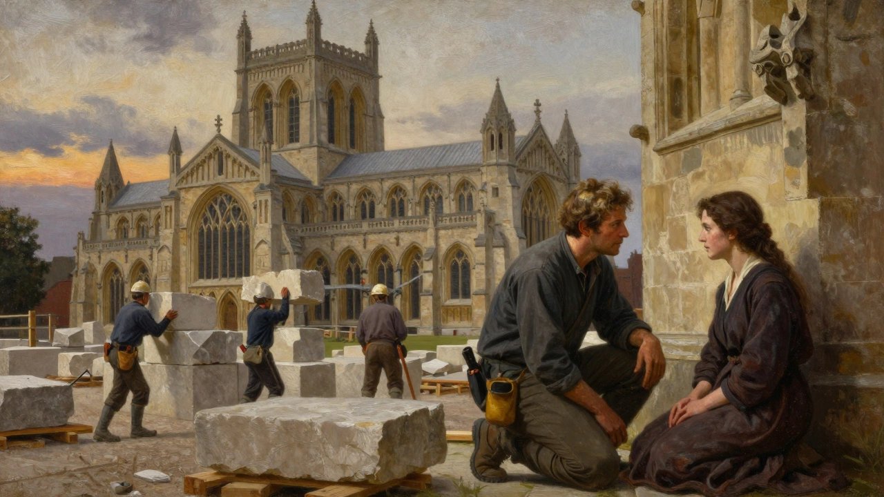 Medieval stonemasons building a cathedral at dusk, a builder and a watching woman sharing a silent, meaningful glance.